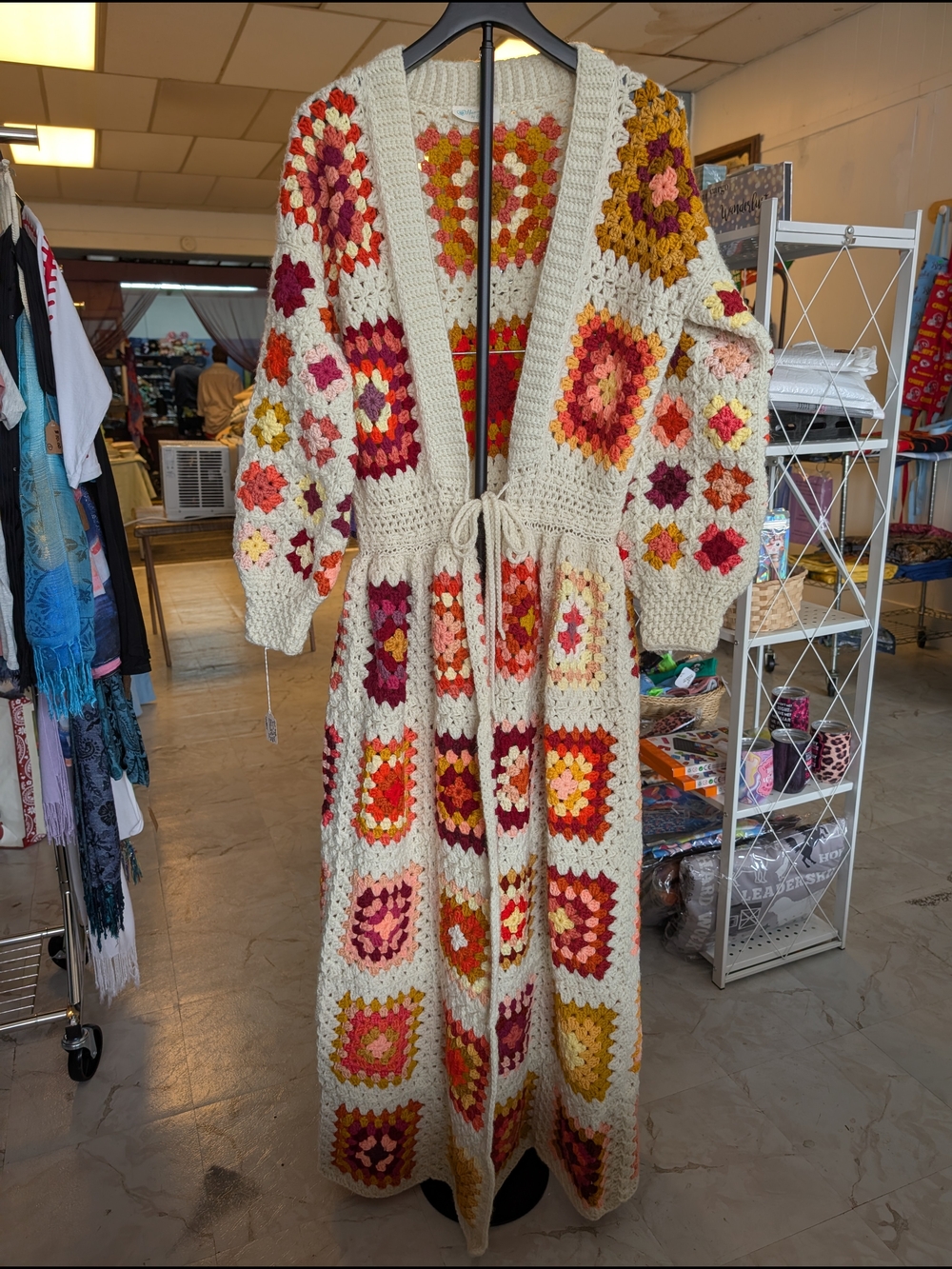 Boho Crochet Long Cardigan Sweater in Cream with Multicolor Squares